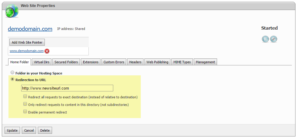 Set a URL Redirect in WebsitePanel